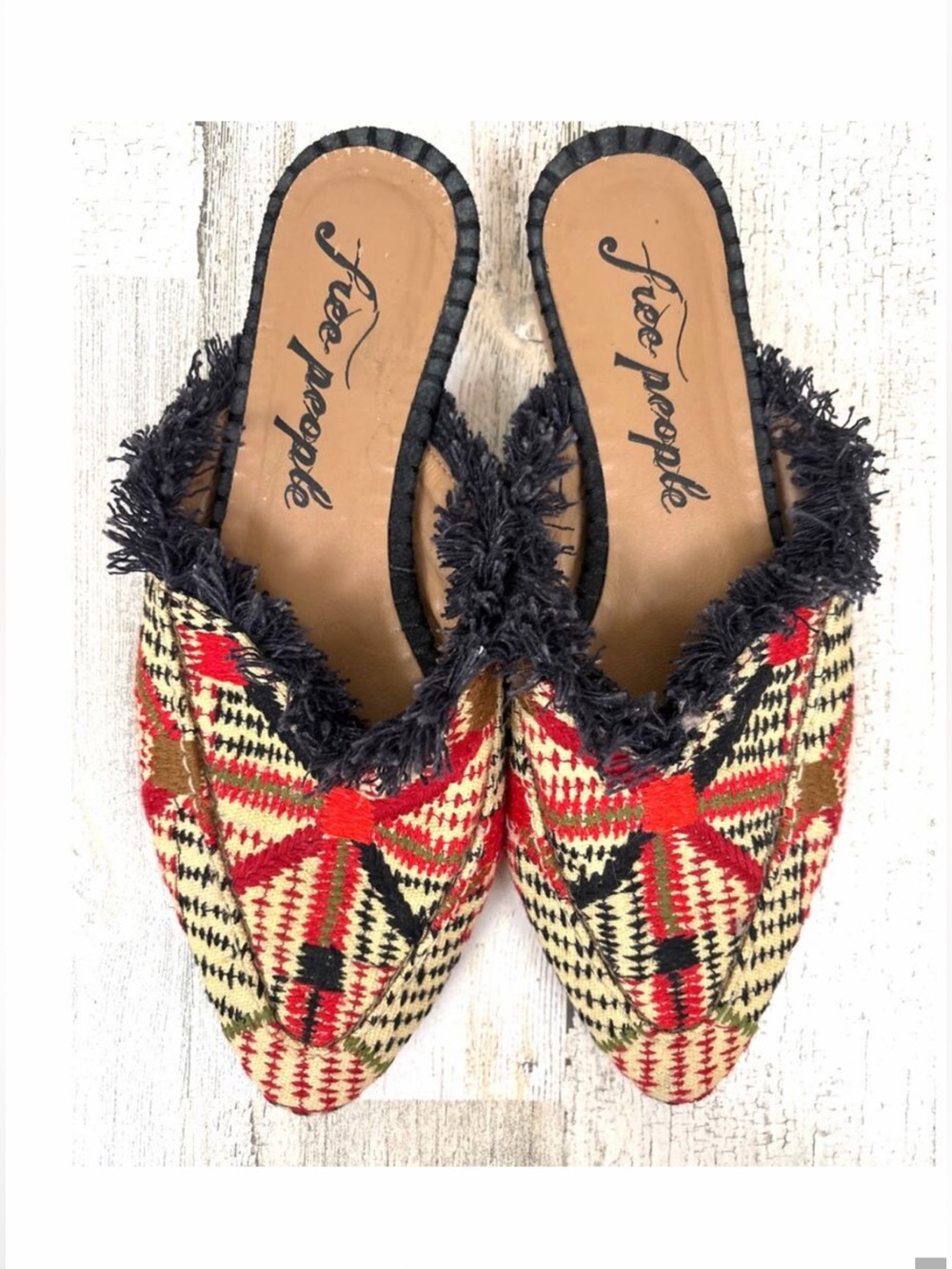 Free people Newport Fabric mule slides red tapestry fringe size 36 (US size 6)